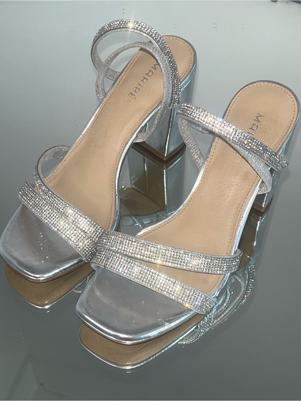 Silver Rhinestone Block Heel Sandals